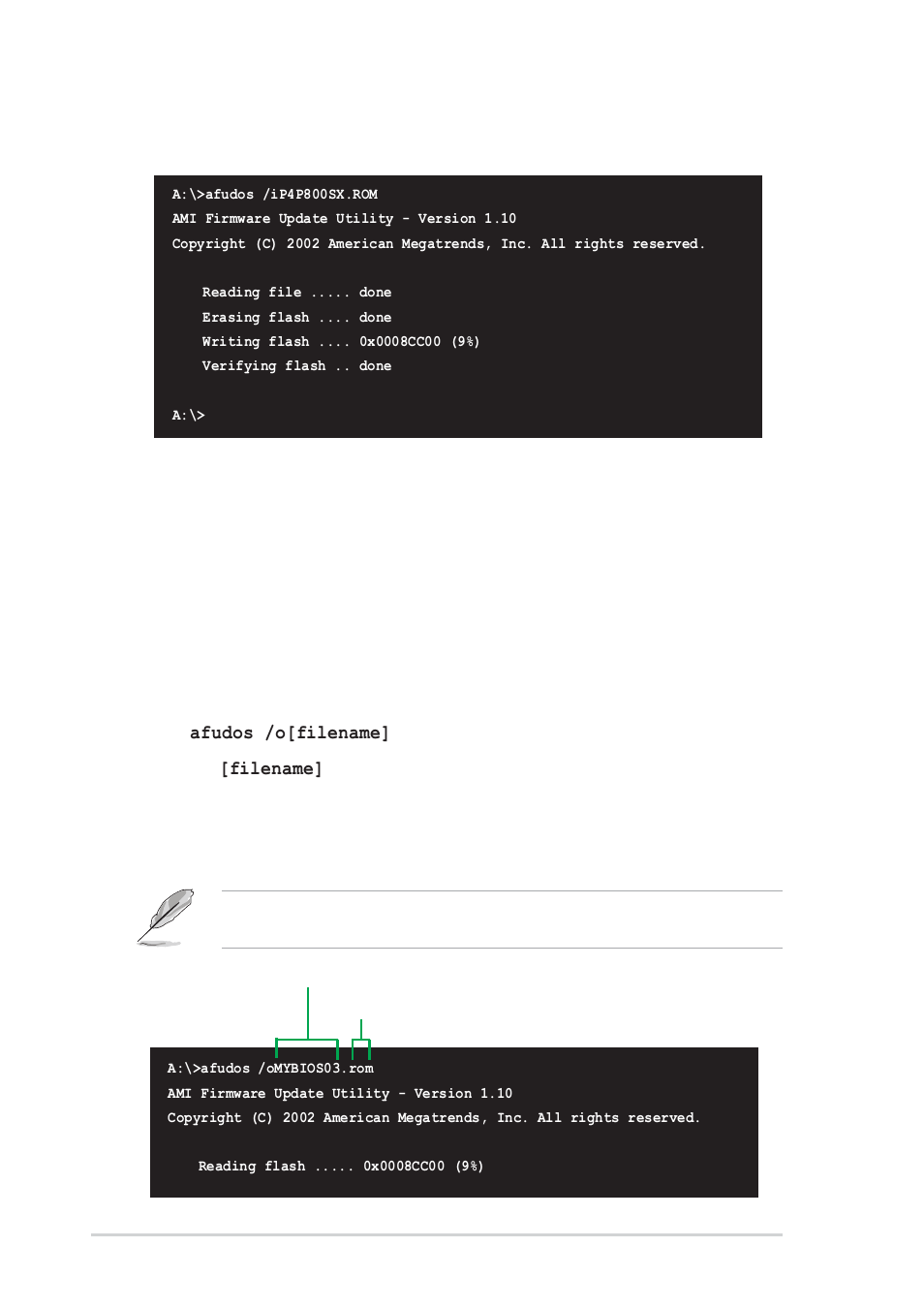 3 using afudos to copy bios from pc, 4 chapter 2: bios information, Reboot the system from the hard disk | Asus P4P800S-X User Manual | Page 38 / 70