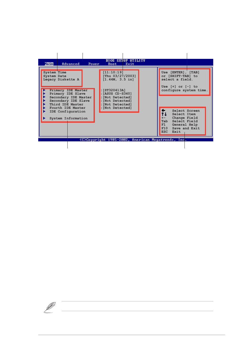 2 menu bar, 1 bios menu screen, 3 navigation keys | Asus P4P800S-X User Manual | Page 43 / 70