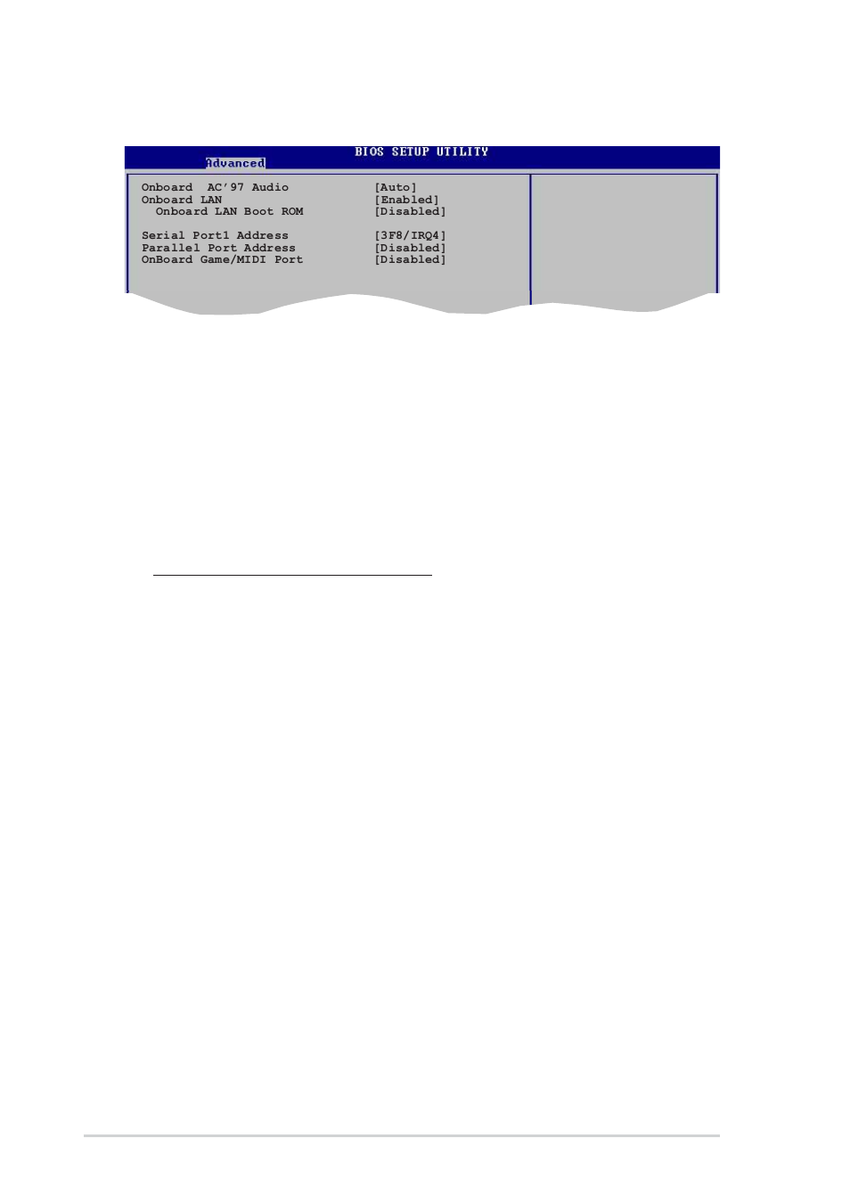 4 onboard devices configuration, Onboard ac’97 audio [auto, Onboard lan [enabled | Serial port1 address [3f8/irq4, Parallel port address [378, Parallel port mode [normal, Ecp mode dma channel [dma3, Parallel port irq [irq7, Onboard game/midi port [disabled | Asus P4P800S-X User Manual | Page 54 / 70