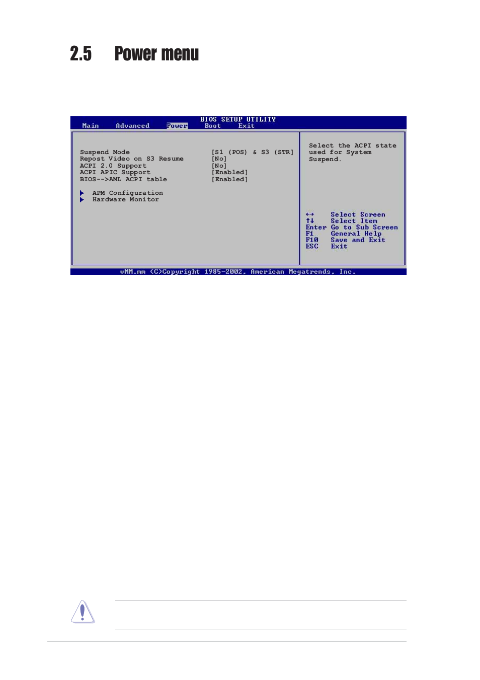 5 power menu, 1 suspend mode [s1 (pos) & s3 (str), 2 repost video on s3 resume [no | 3 acpi 2.0 support [no, 4 acpi apic support [enabled, 5 bios -> aml acpi table [enabled | Asus P4P800S-X User Manual | Page 58 / 70