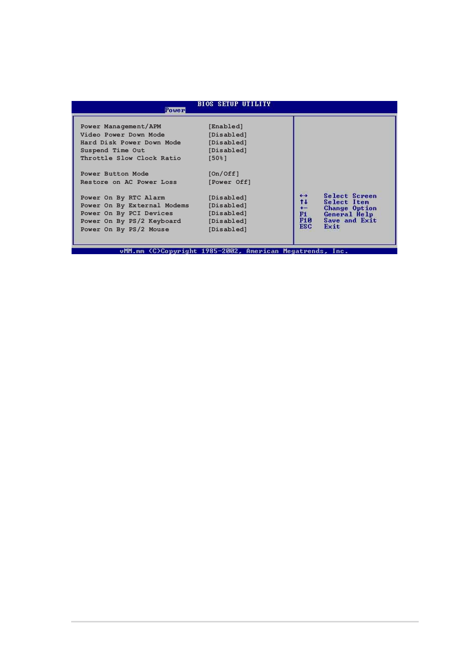 6 advanced power management (apm) configuration, Power management/apm [enabled, Video power down mode [suspend | Hard disk power down mode [suspend, Suspend time out [disabled, Throttle slow clock ratio [50, Power button mode [on/off | Asus P4P800S-X User Manual | Page 59 / 70