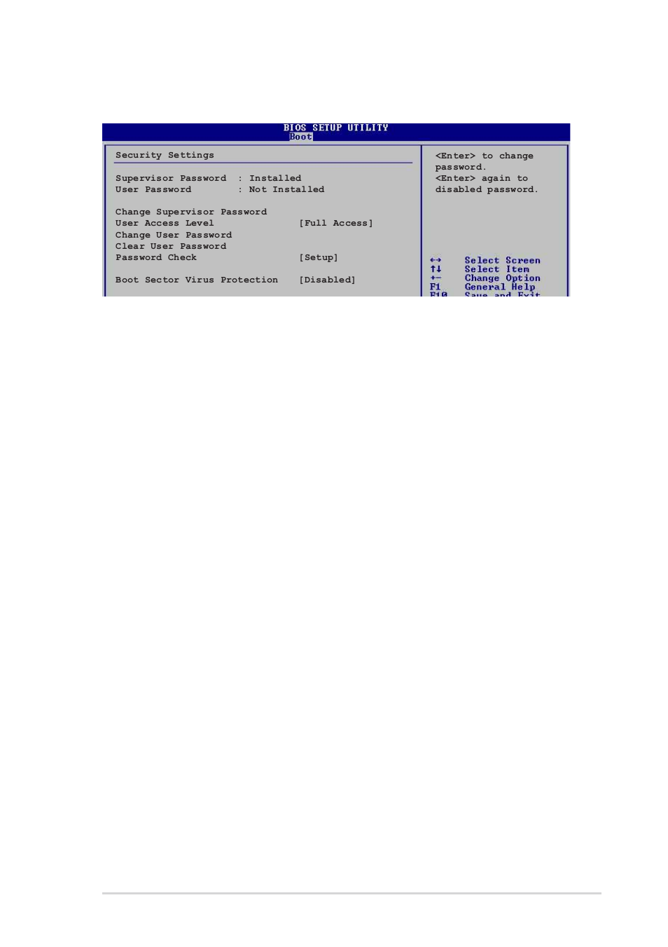 User access level (full access, Change user password, Clear user password | Password check [setup | Asus P4P800S-X User Manual | Page 65 / 70