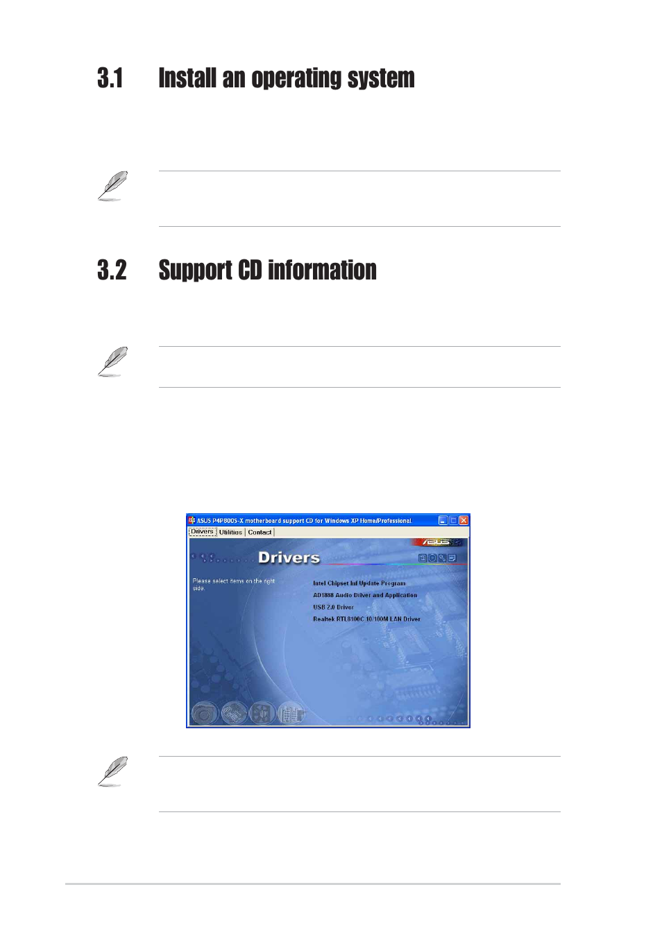 1 install an operating system, 2 support cd information, 1 running the support cd | Asus P4P800S-X User Manual | Page 68 / 70