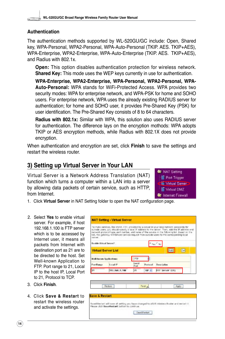 3) setting up virtual server in your lan | Asus WL-520GC User Manual | Page 16 / 49