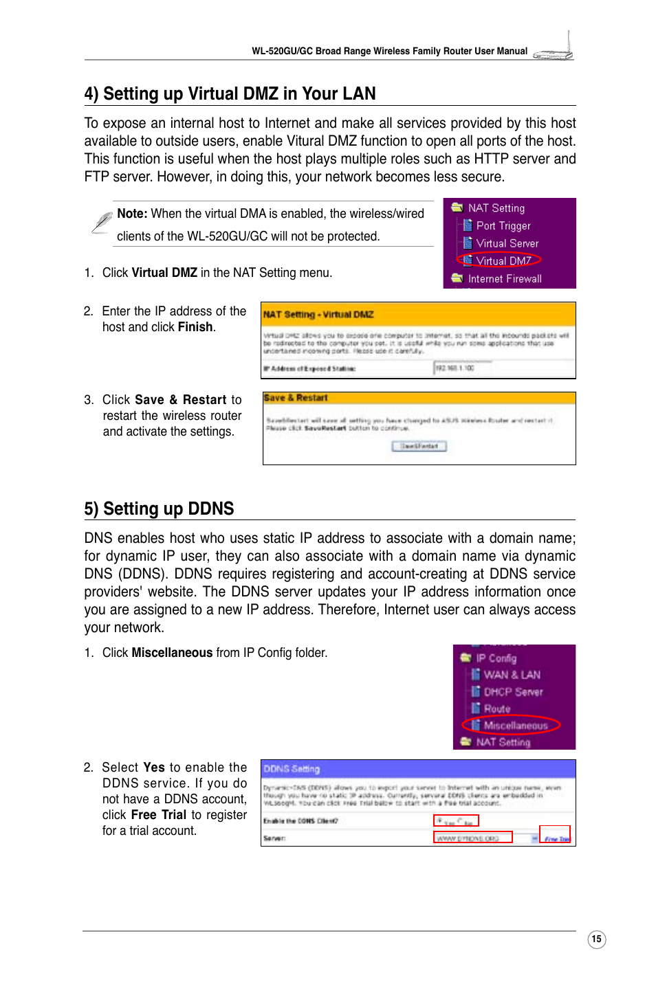 5) setting up ddns, 4) setting up virtual dmz in your lan | Asus WL-520GC User Manual | Page 17 / 49