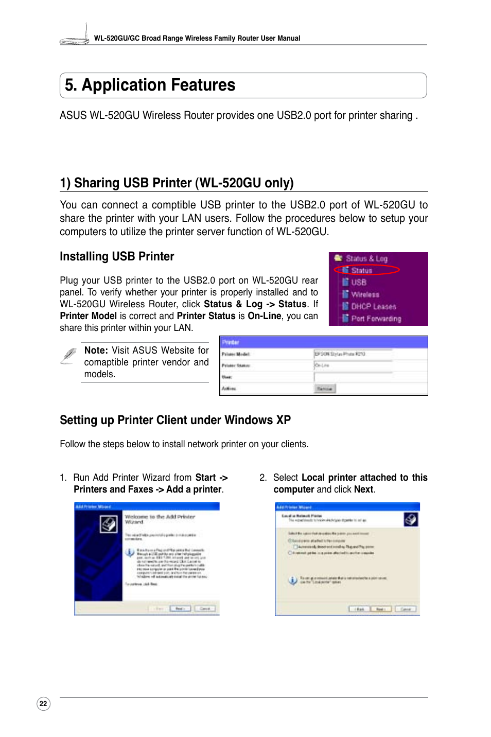 Application features, 1) sharing usb printer (wl-520gu only), Installing usb printer | Setting up printer client under windows xp | Asus WL-520GC User Manual | Page 24 / 49