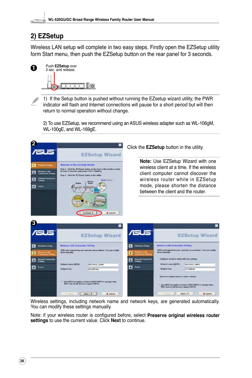 2) ezsetup | Asus WL-520GC User Manual | Page 28 / 49