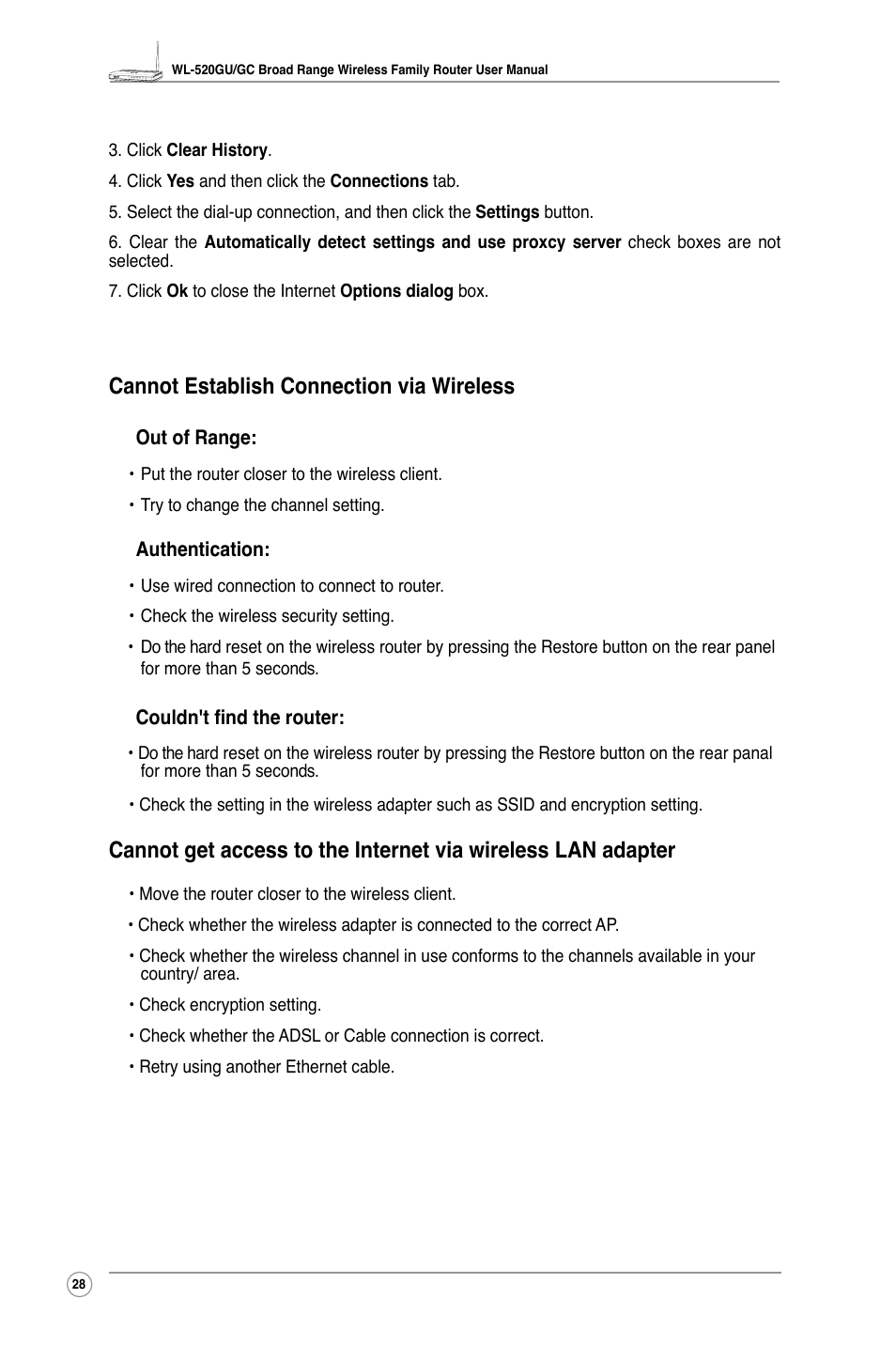 Cannot establish connection via wireless | Asus WL-520GC User Manual | Page 30 / 49