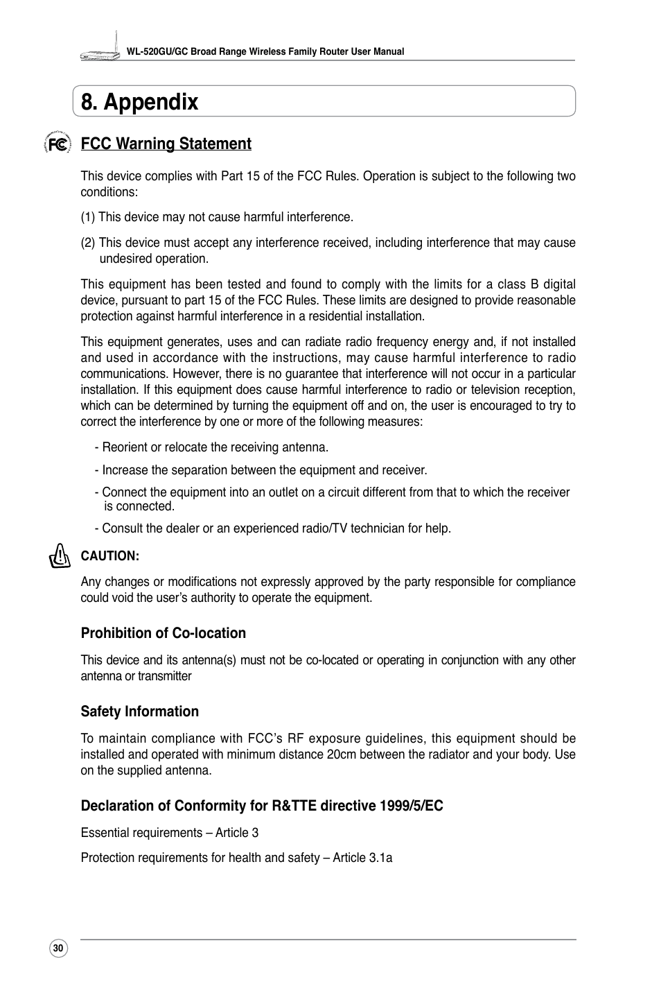 Appendix, Fcc warning statement | Asus WL-520GC User Manual | Page 32 / 49