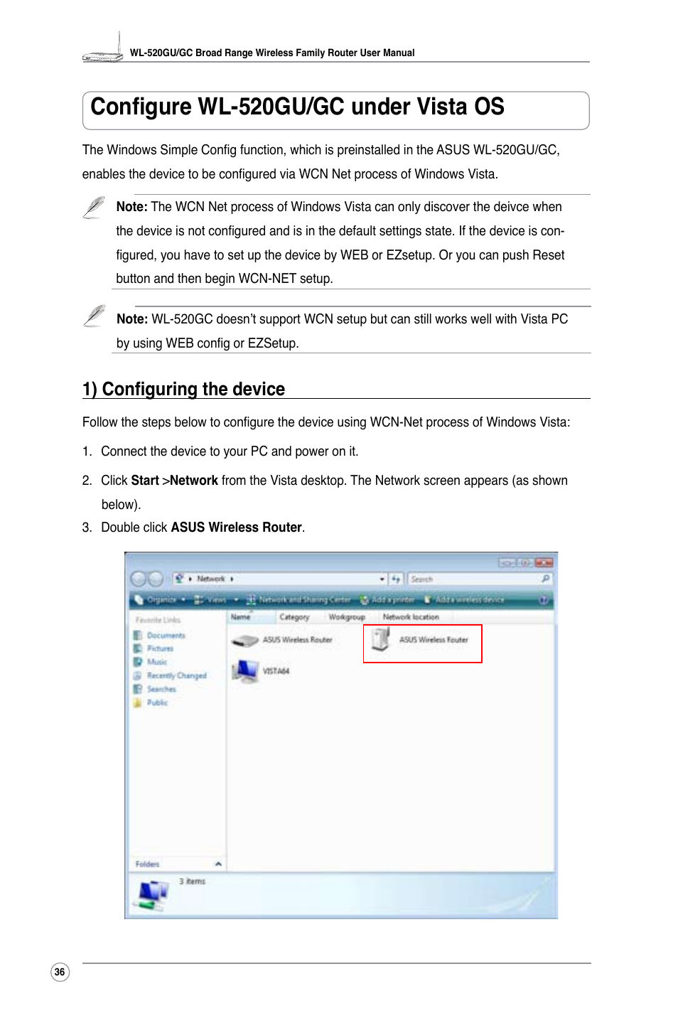 Configure wl-520gu/gc under vista os, 1) configuring the device | Asus WL-520GC User Manual | Page 38 / 49