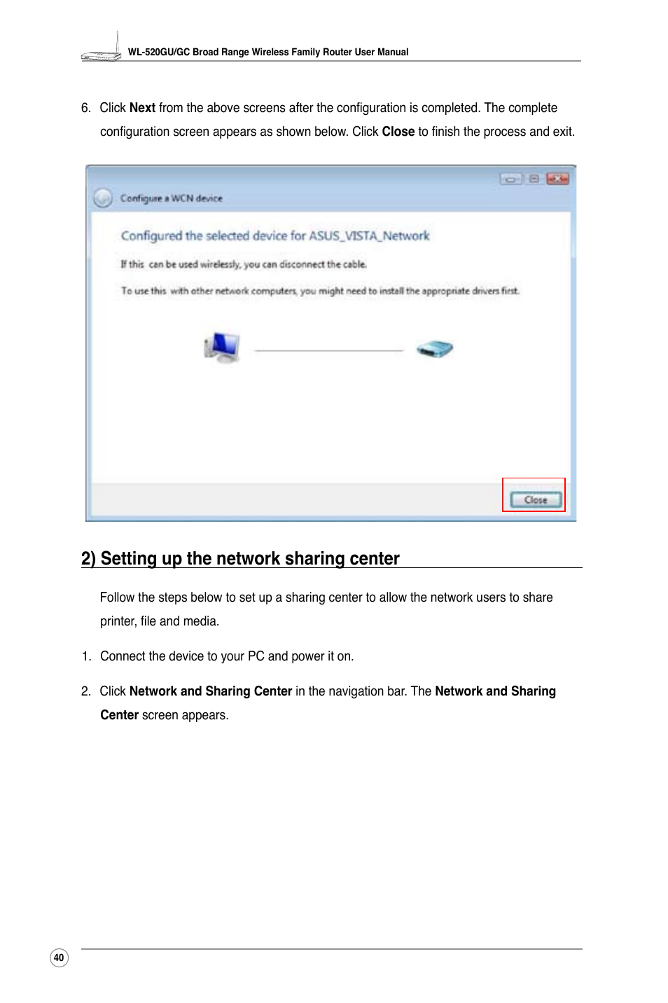 2) setting up the network sharing center | Asus WL-520GC User Manual | Page 42 / 49