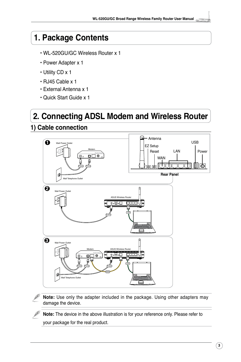 1) cable connection | Asus WL-520GC User Manual | Page 5 / 49