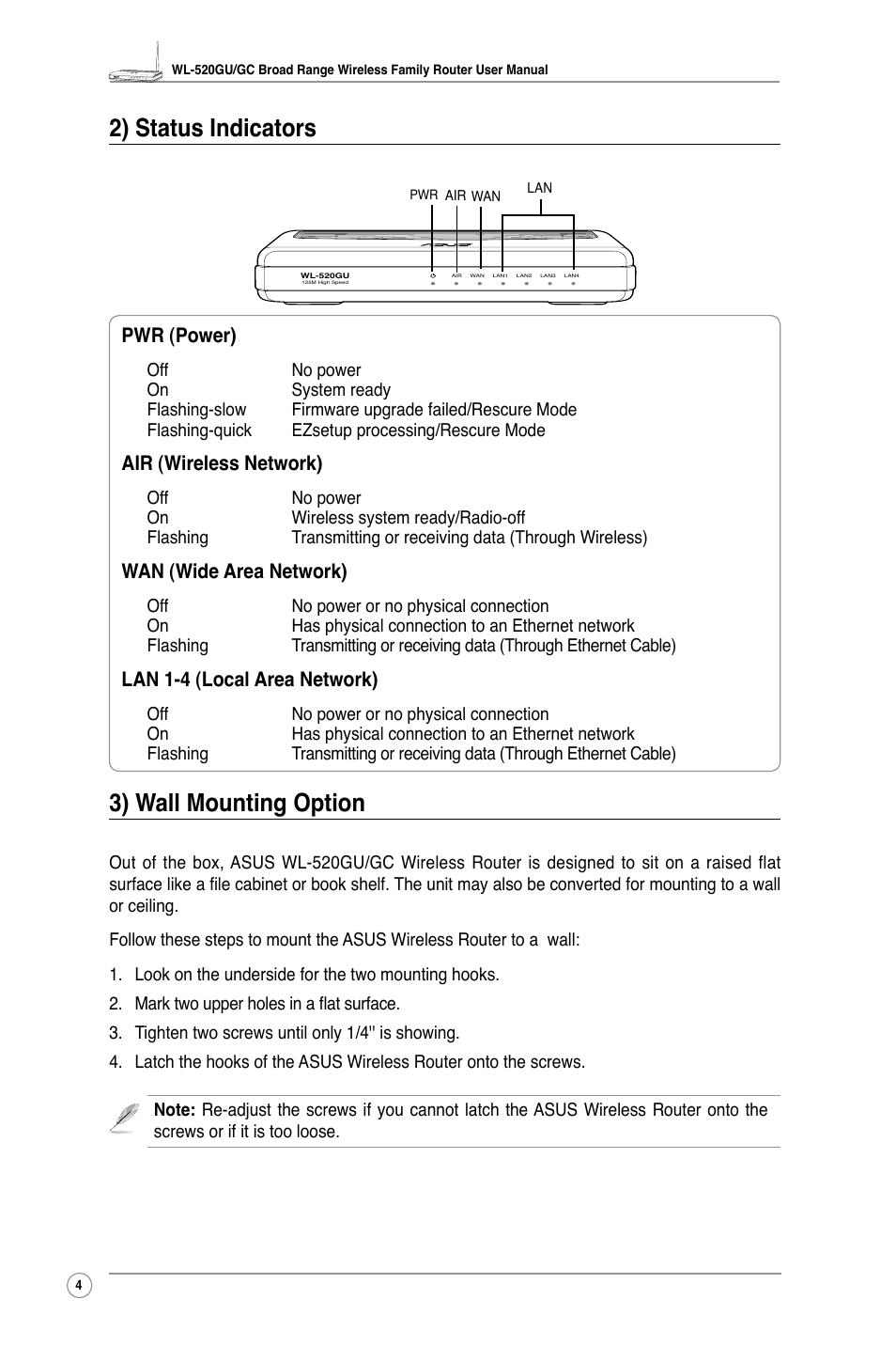 2) status indicators, 3) wall mounting option, Pwr (power) | Air (wireless network), Wan (wide area network), Lan 1-4 (local area network) | Asus WL-520GC User Manual | Page 6 / 49