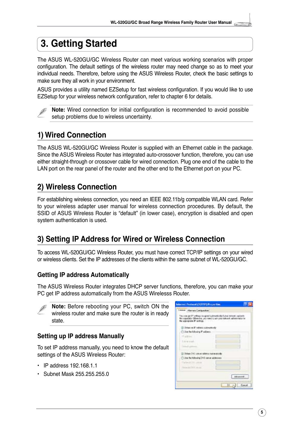 Getting started, 1) wired connection, 2) wireless connection | Asus WL-520GC User Manual | Page 7 / 49