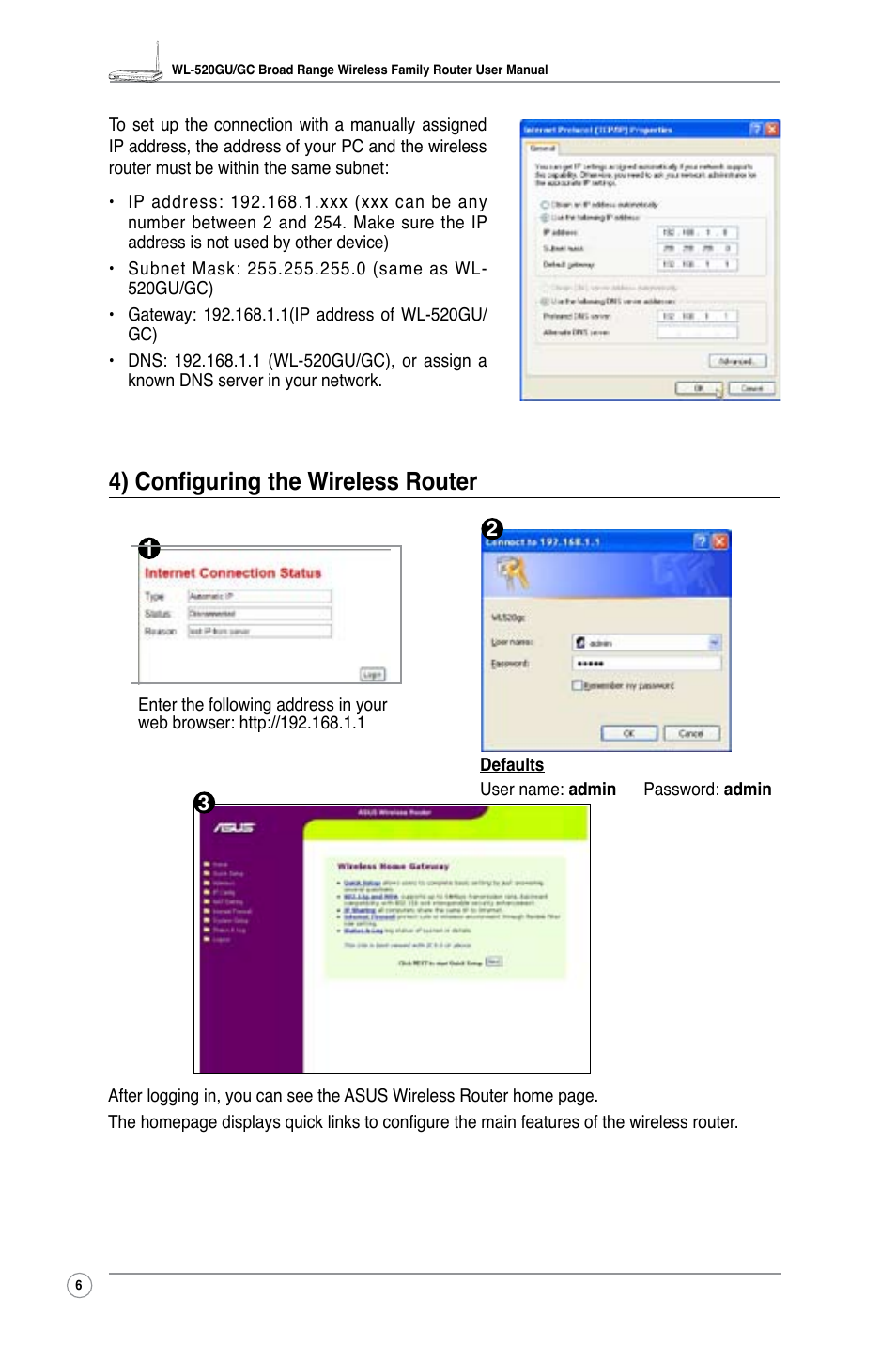 4) configuring the wireless router | Asus WL-520GC User Manual | Page 8 / 49