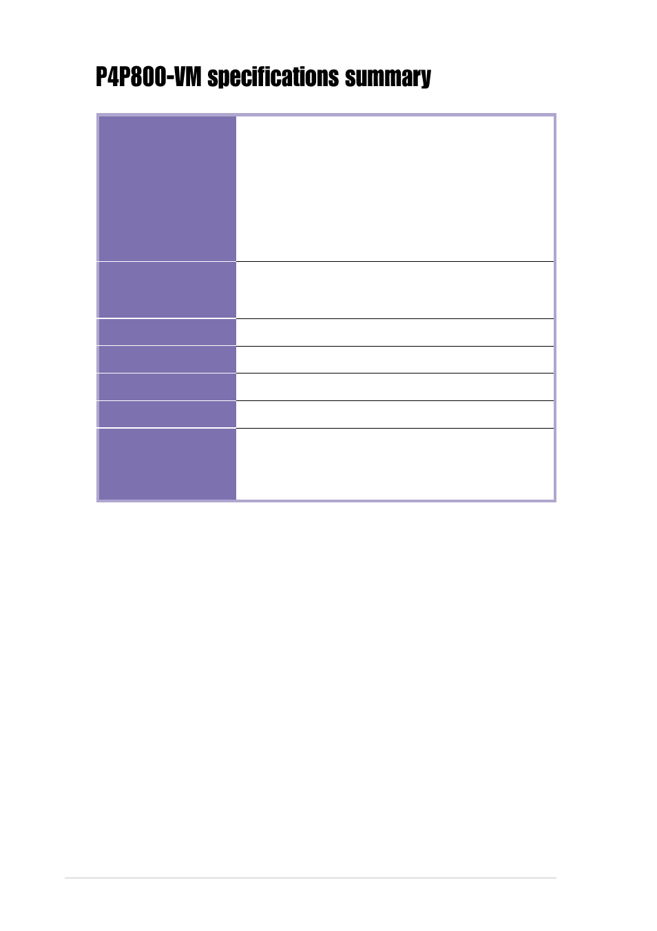 P4p800-vm specifications summary | Asus P4P800-VM User Manual | Page 10 / 80
