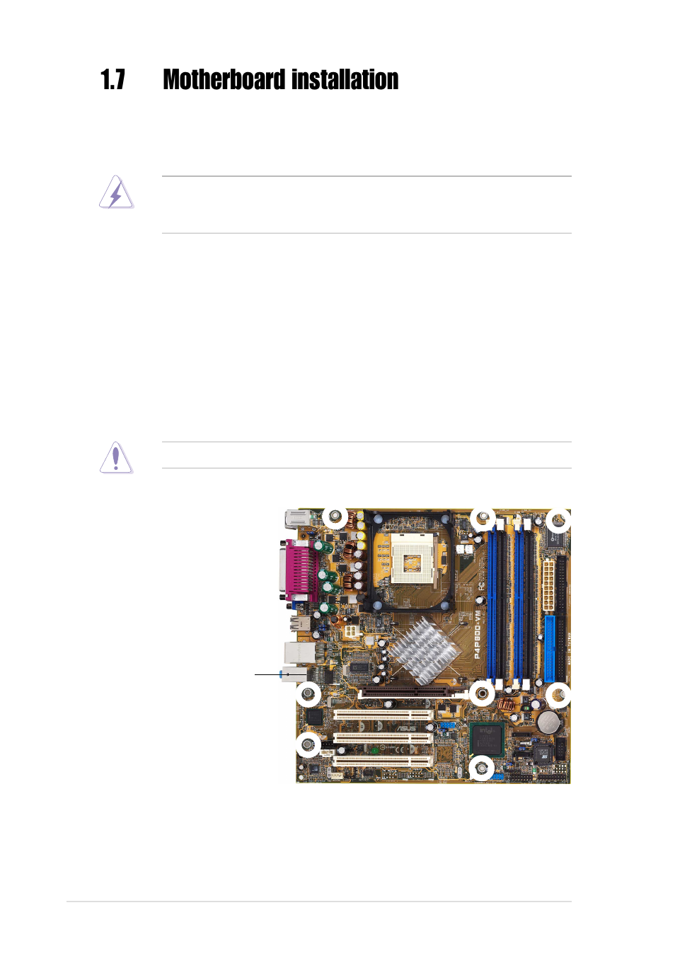 7 motherboard installation, 1 placement direction, 2 screw holes | Asus P4P800-VM User Manual | Page 20 / 80