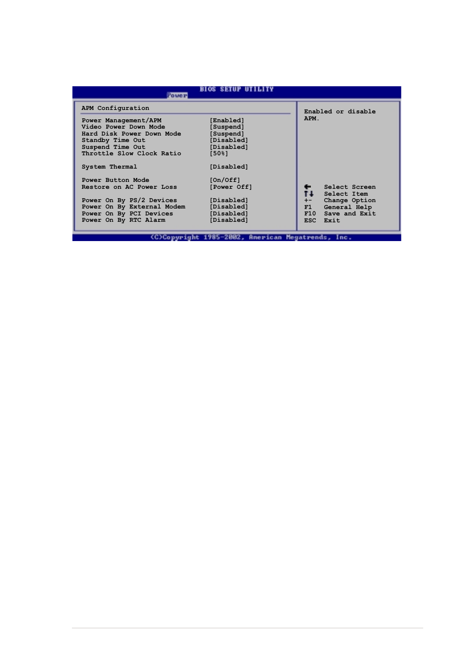 6 apm configuration, Power management/apm [enabled, Video power down mode [suspend | Hard disk power down mode [suspend, Standby time out [disabled, Suspend time out [disabled, Throttle slow clock ratio [50, System thermal [disabled | Asus P4P800-VM User Manual | Page 65 / 80