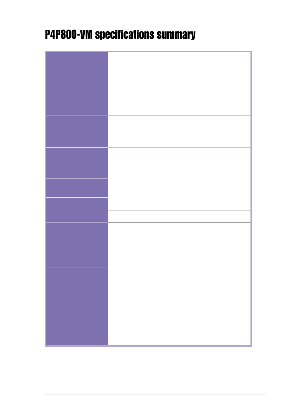 P4p800-vm specifications summary | Asus P4P800-VM User Manual | Page 9 / 80