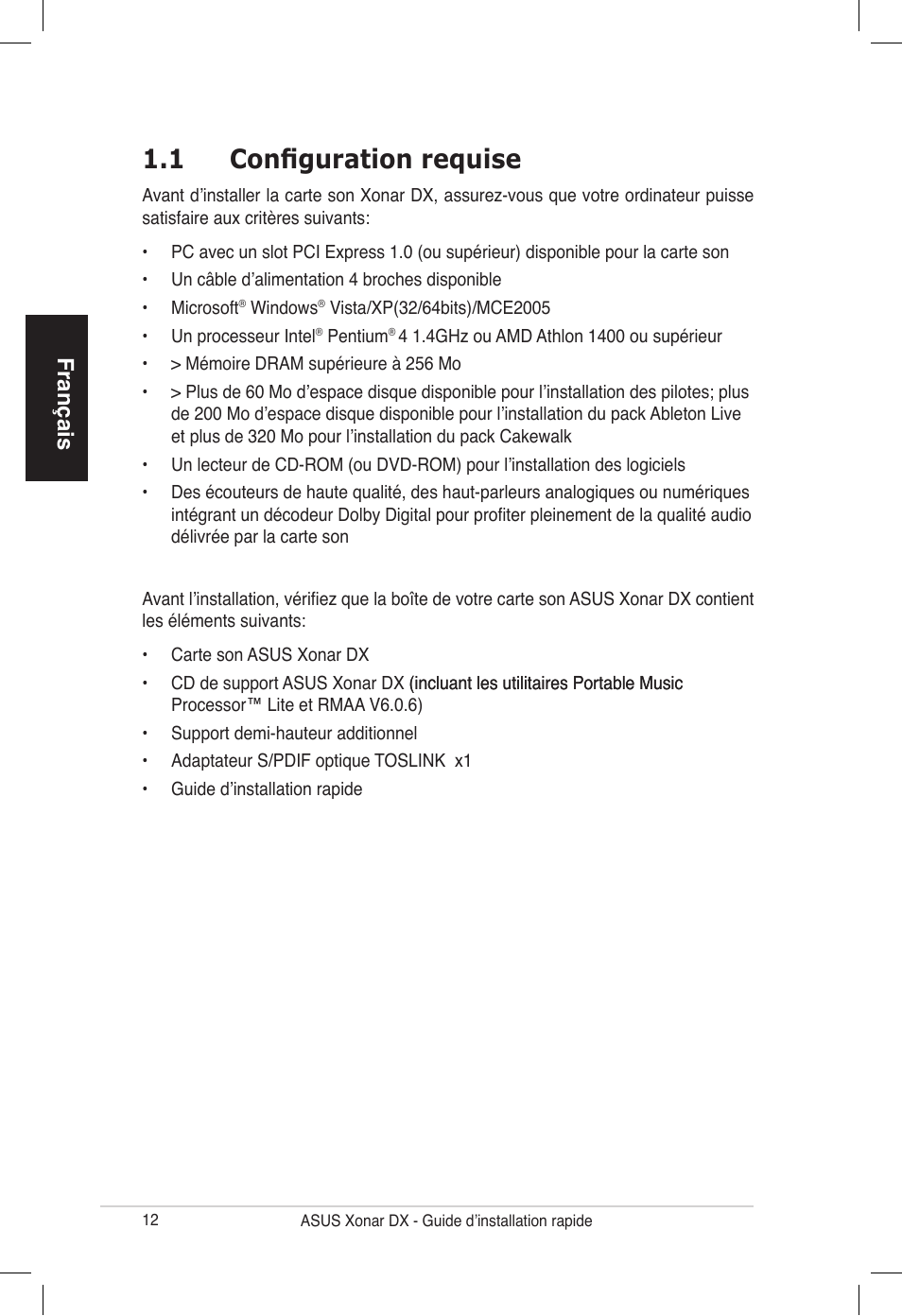 1 configuration requise, Français | Asus PCI Express Audio Card Xonar DX User Manual | Page 12 / 70