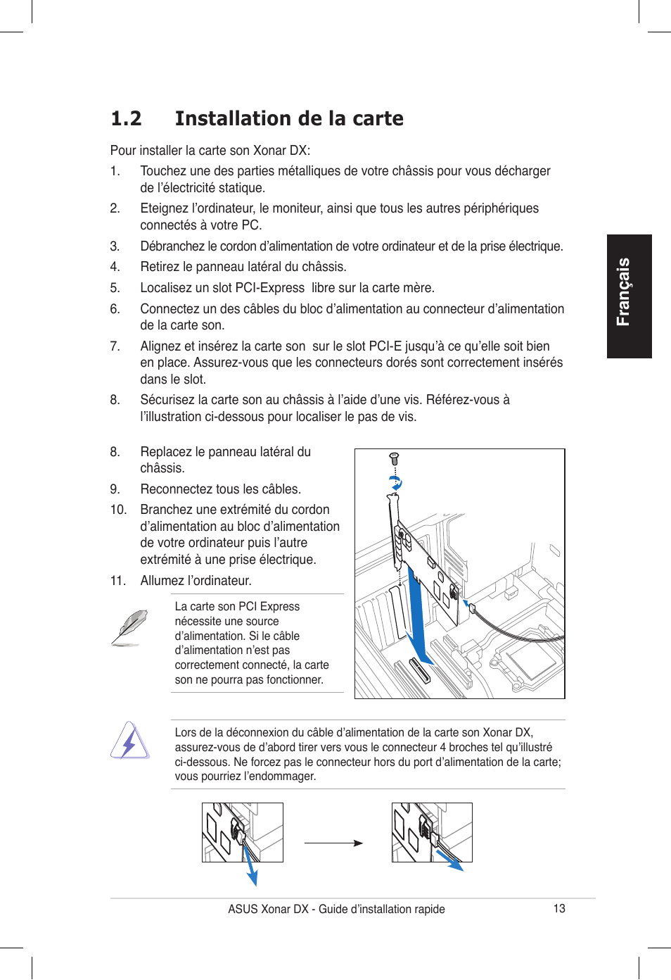 2 installation de la carte, Français | Asus PCI Express Audio Card Xonar DX User Manual | Page 13 / 70