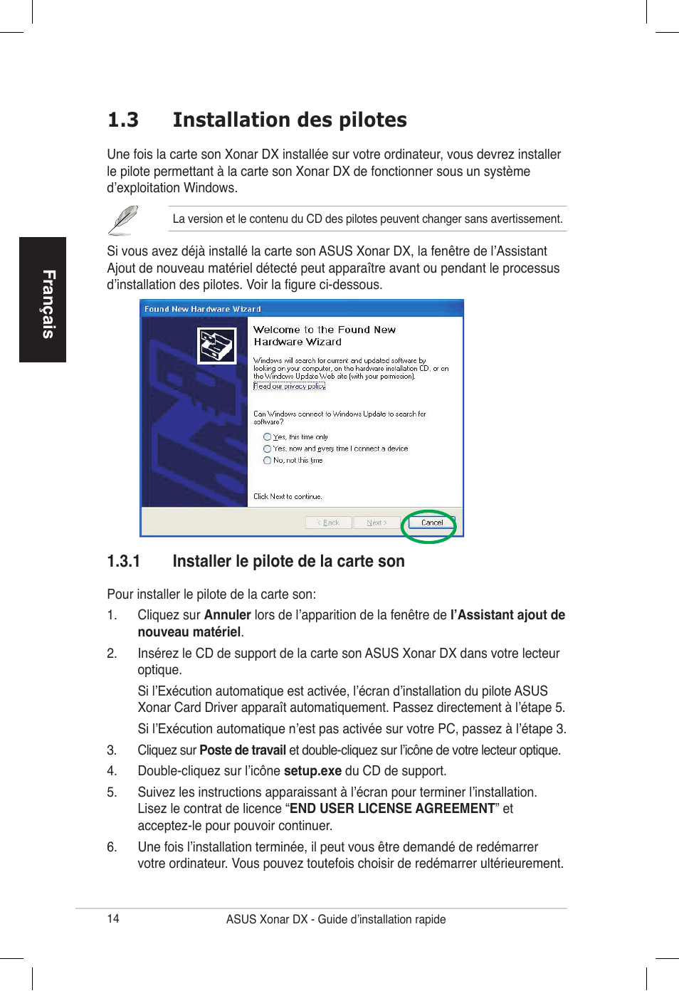 3 installation des pilotes | Asus PCI Express Audio Card Xonar DX User Manual | Page 14 / 70