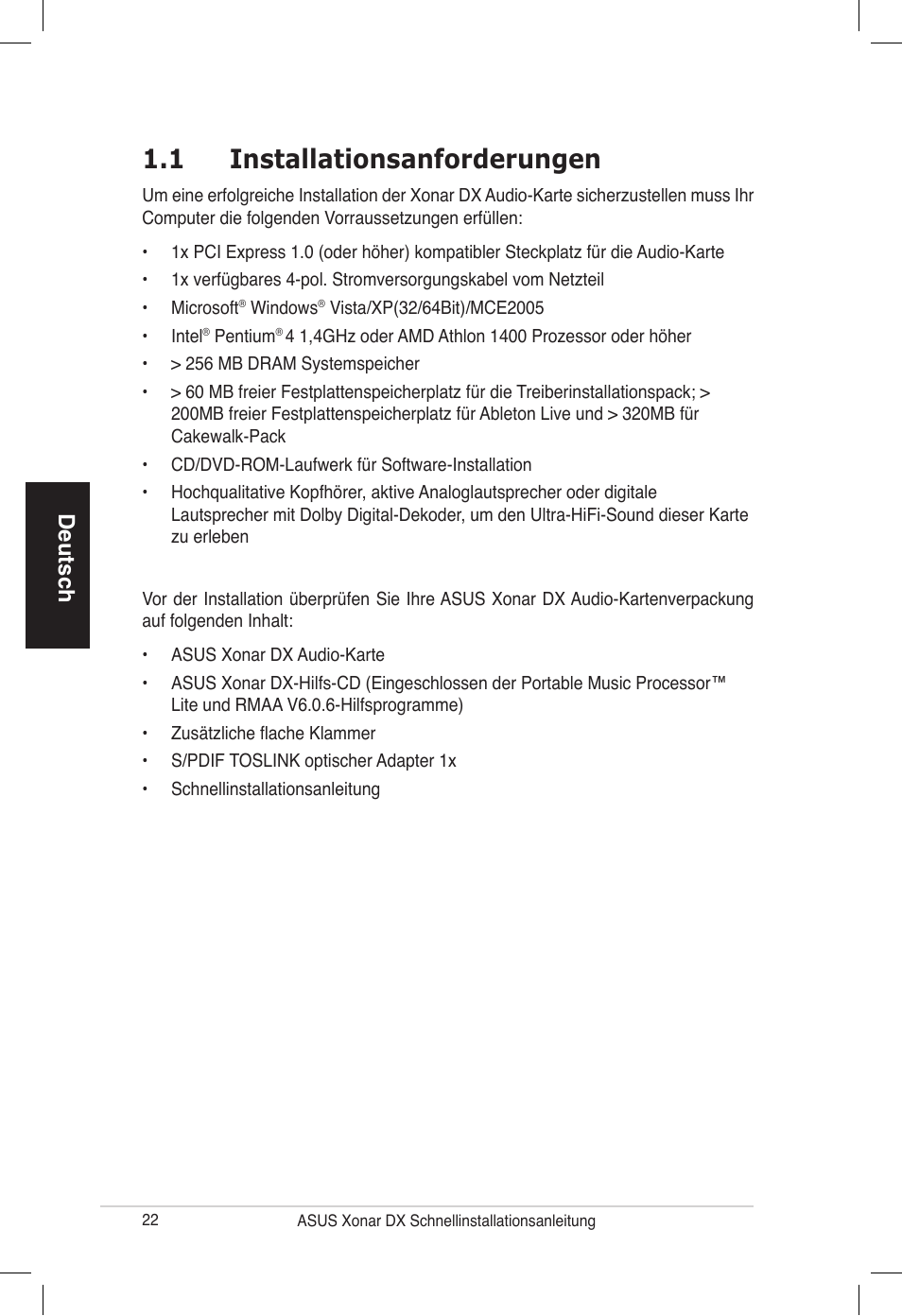 1 installationsanforderungen, Deutsch | Asus PCI Express Audio Card Xonar DX User Manual | Page 22 / 70