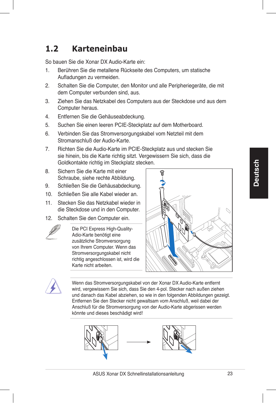 2 karteneinbau, Deutsch | Asus PCI Express Audio Card Xonar DX User Manual | Page 23 / 70