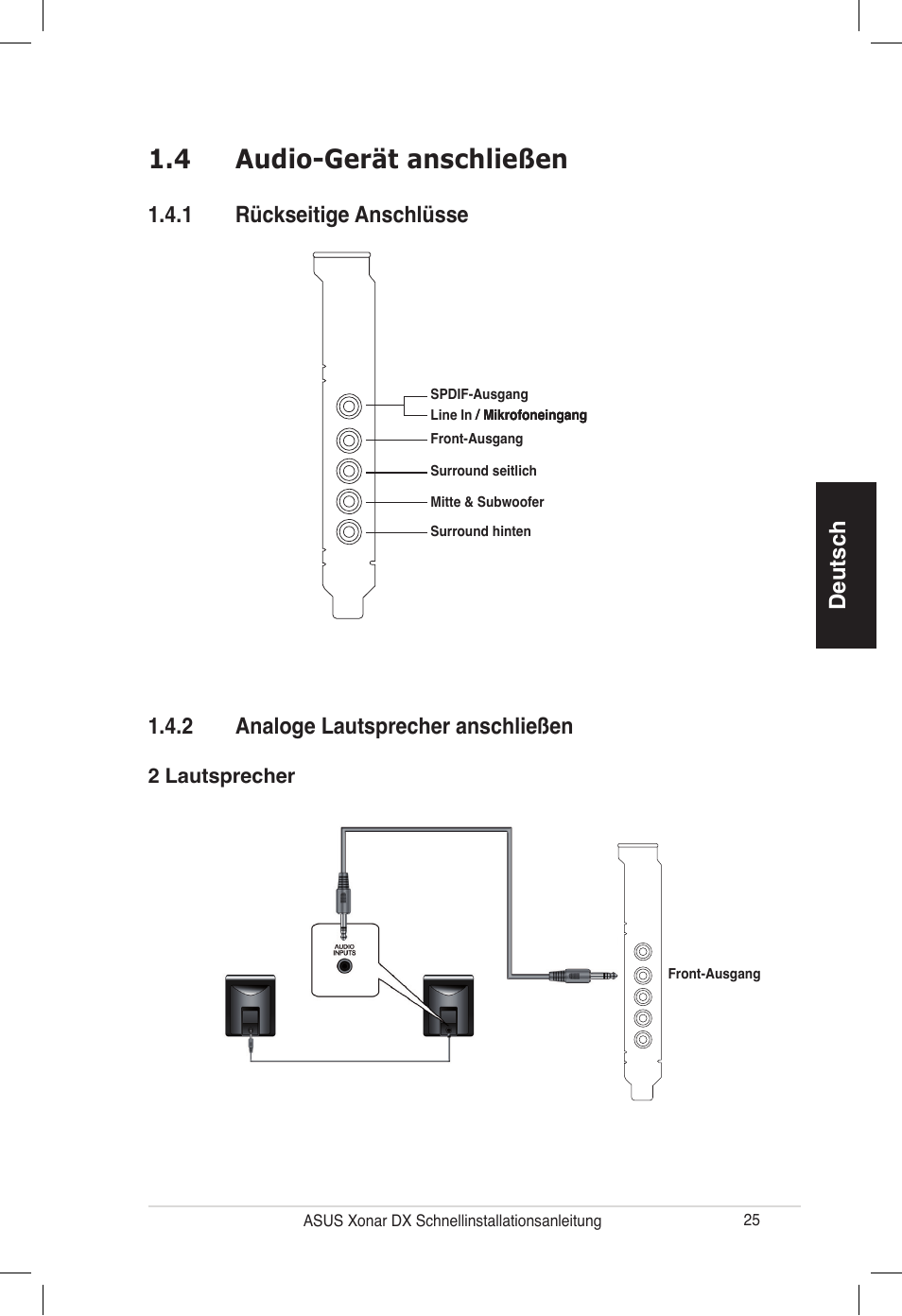 4 audio-gerät anschließen, Deutsch, 2 analoge lautsprecher anschließen | 1 rückseitige anschlüsse | Asus PCI Express Audio Card Xonar DX User Manual | Page 25 / 70