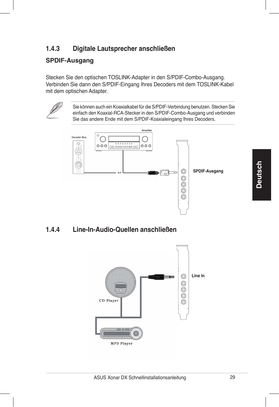 Deutsch 1.4.3 digitale lautsprecher anschließen, 4 line-in-audio-quellen anschließen | Asus PCI Express Audio Card Xonar DX User Manual | Page 29 / 70