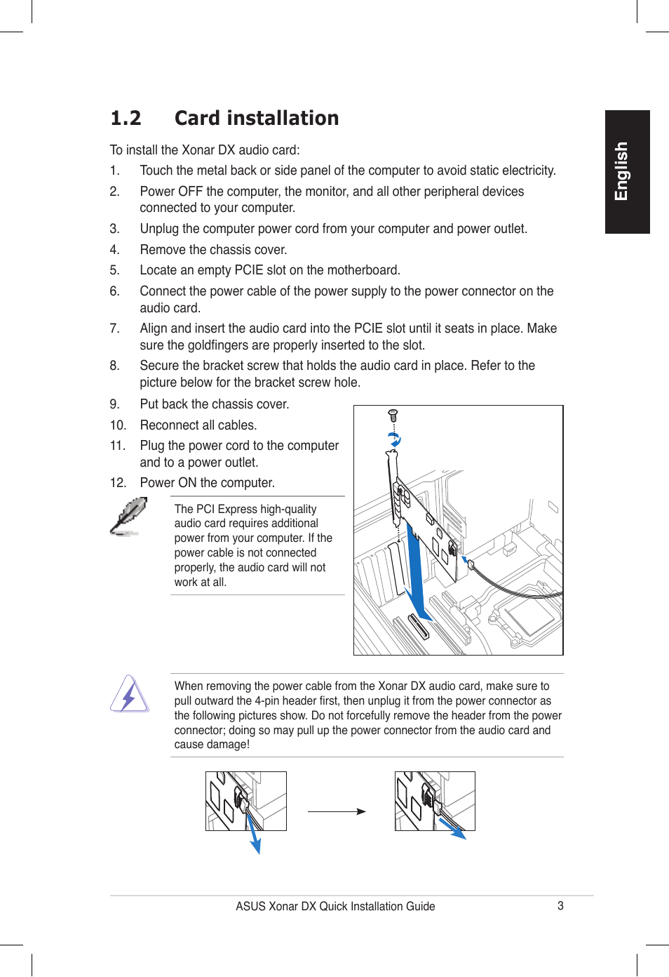 2 card installation, English | Asus PCI Express Audio Card Xonar DX User Manual | Page 3 / 70