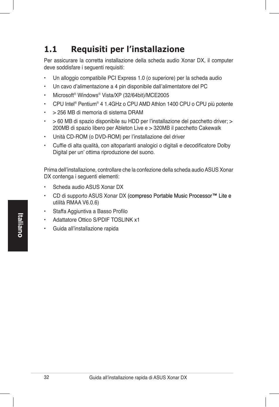 1 requisiti per l’installazione, Italiano | Asus PCI Express Audio Card Xonar DX User Manual | Page 32 / 70