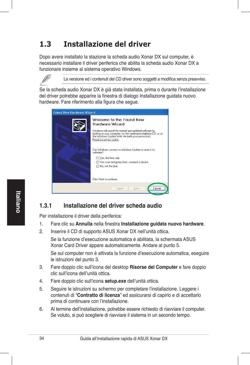 3 installazione del driver | Asus PCI Express Audio Card Xonar DX User Manual | Page 34 / 70