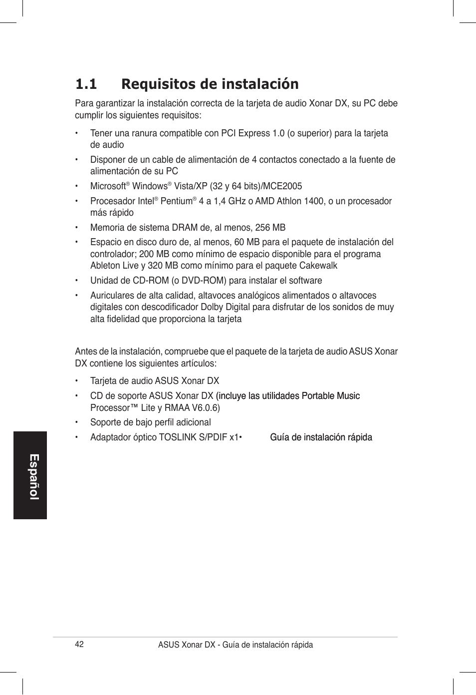 1 requisitos de instalación, Español | Asus PCI Express Audio Card Xonar DX User Manual | Page 42 / 70