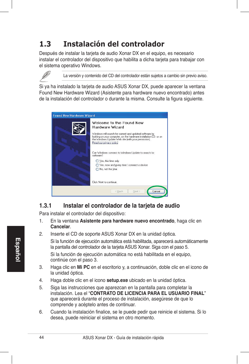 3 instalación del controlador | Asus PCI Express Audio Card Xonar DX User Manual | Page 44 / 70