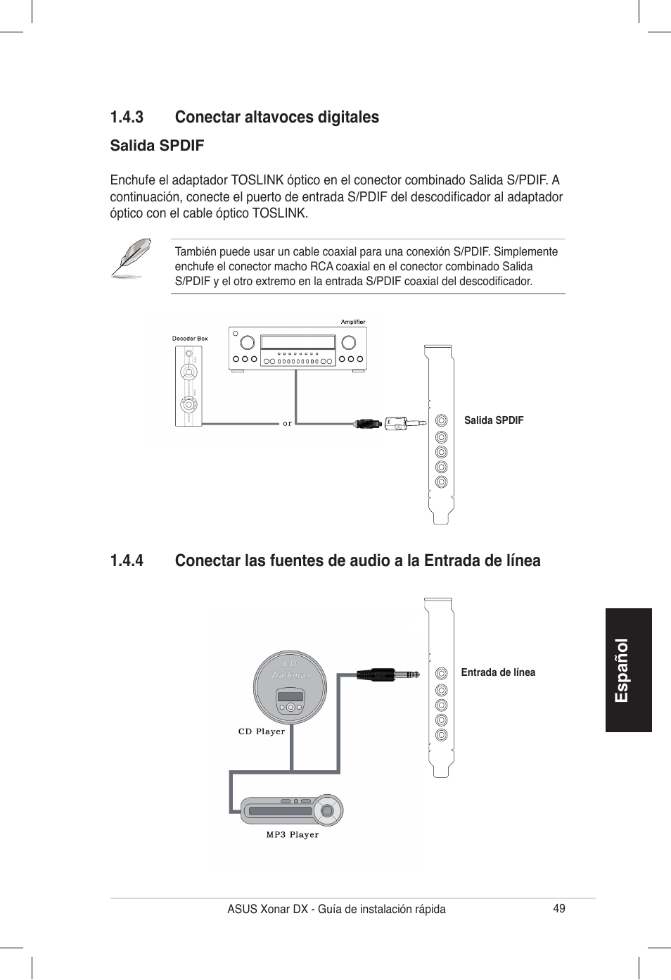 Español 1.4.3 conectar altavoces digitales | Asus PCI Express Audio Card Xonar DX User Manual | Page 49 / 70