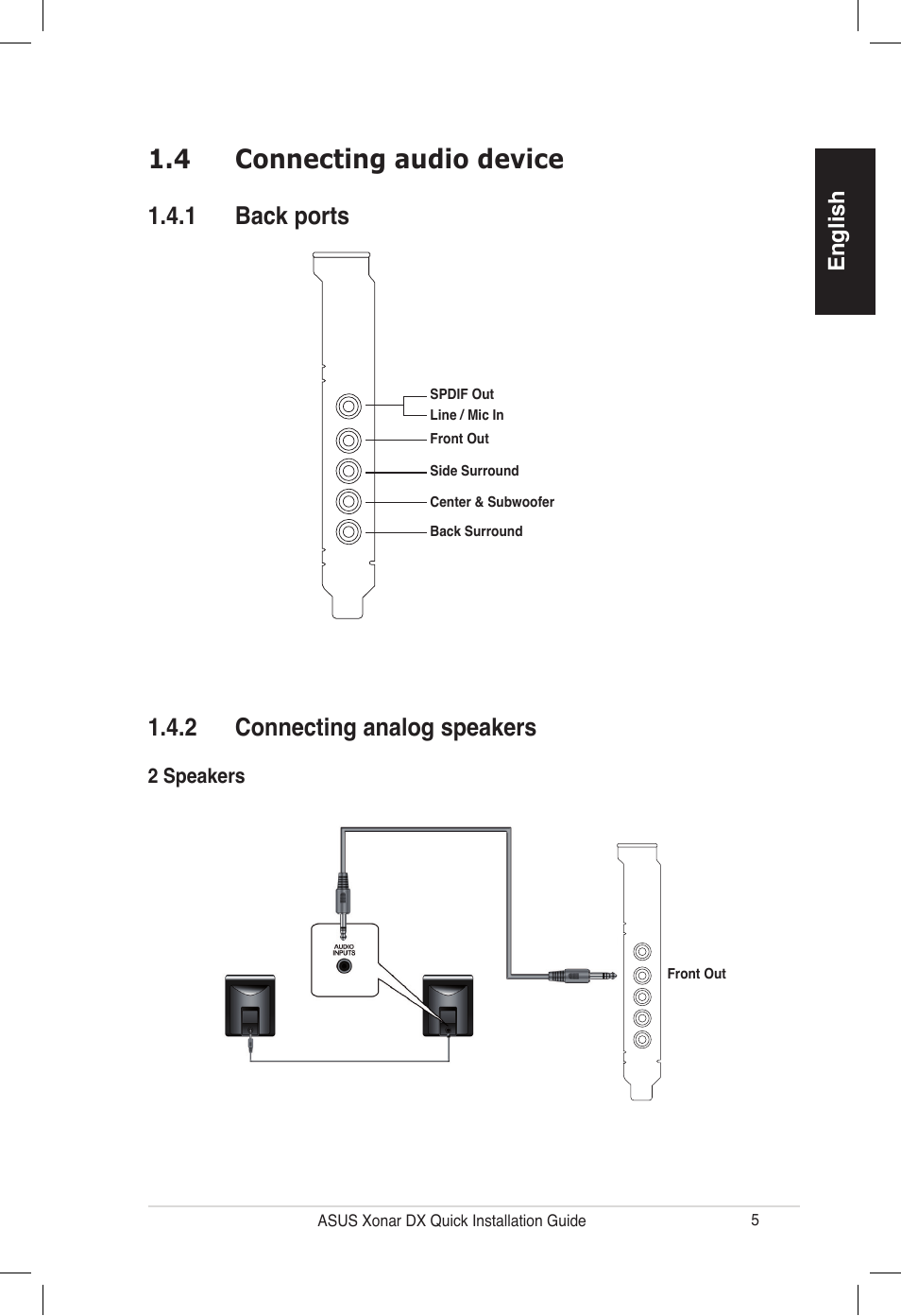 4 connecting audio device, 2 connecting analog speakers, 1 back ports | Asus PCI Express Audio Card Xonar DX User Manual | Page 5 / 70