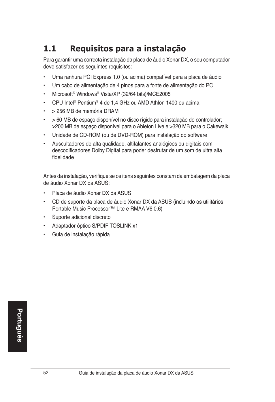 1 requisitos para a instalação, Português | Asus PCI Express Audio Card Xonar DX User Manual | Page 52 / 70