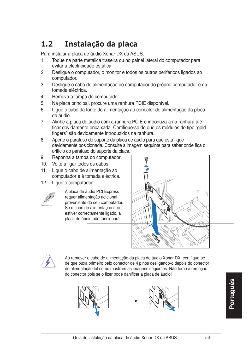 2 instalação da placa, Português | Asus PCI Express Audio Card Xonar DX User Manual | Page 53 / 70