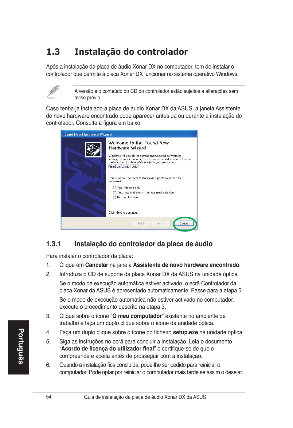 3 instalação do controlador | Asus PCI Express Audio Card Xonar DX User Manual | Page 54 / 70