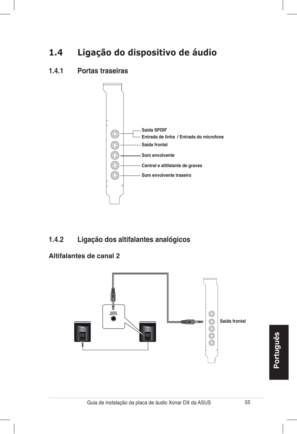4 ligação do dispositivo de áudio | Asus PCI Express Audio Card Xonar DX User Manual | Page 55 / 70