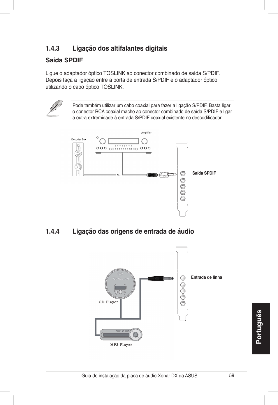 Português 1.4.3 ligação dos altifalantes digitais, 4 ligação das origens de entrada de áudio | Asus PCI Express Audio Card Xonar DX User Manual | Page 59 / 70