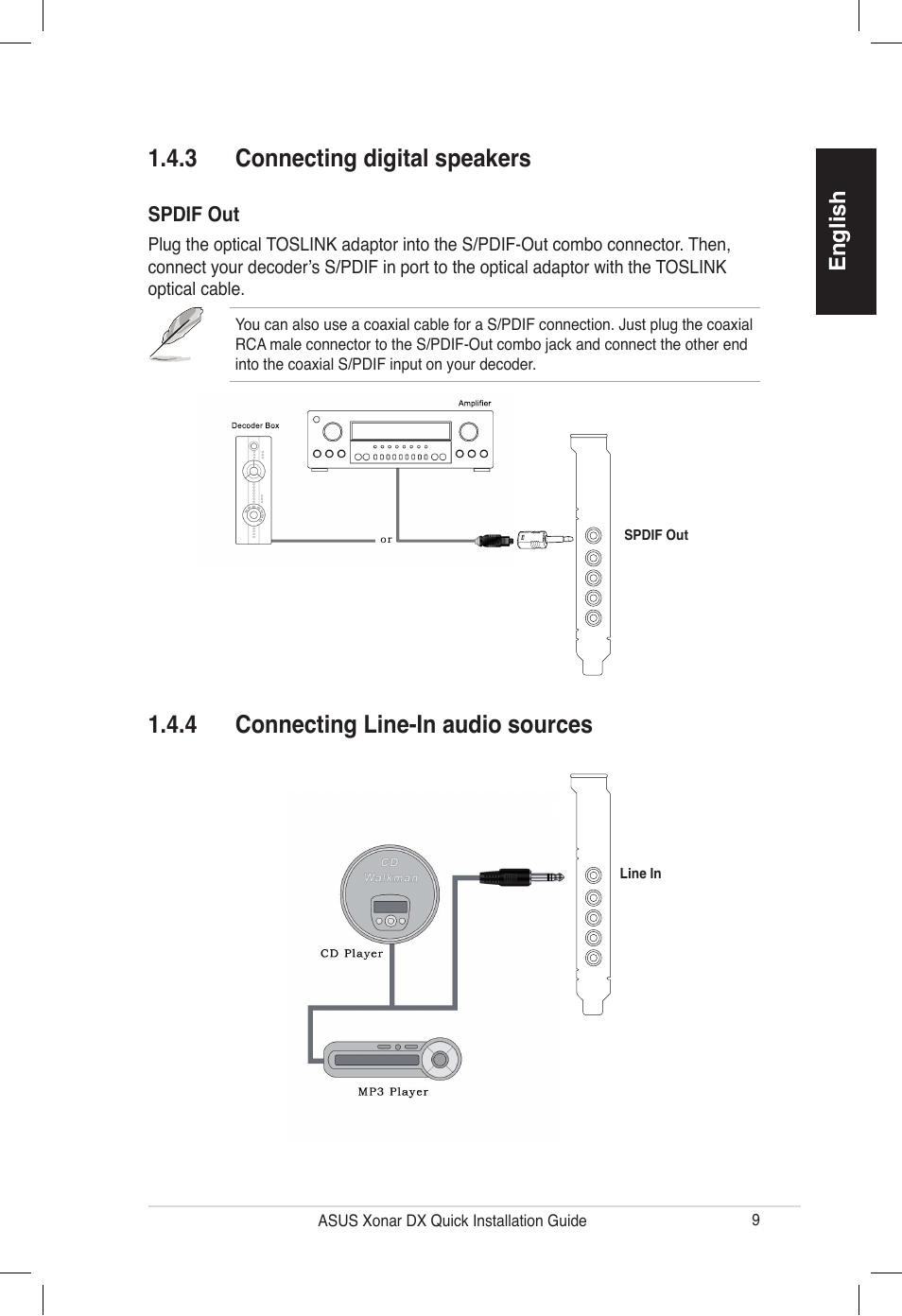 3 connecting digital speakers, 4 connecting line-in audio sources, English | Asus PCI Express Audio Card Xonar DX User Manual | Page 9 / 70