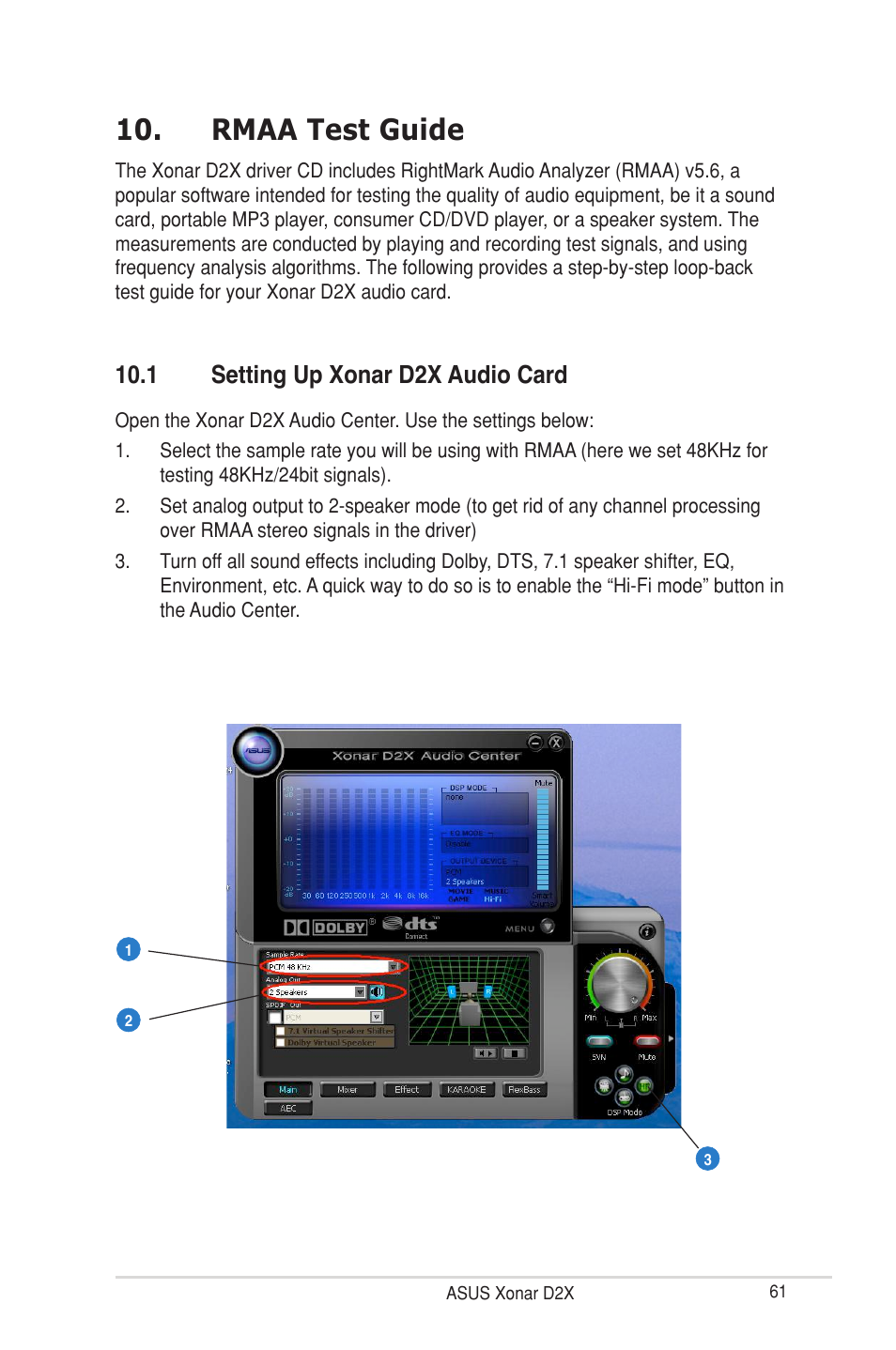 Rmaa test guide, 1 setting up xonar d2x audio card | Asus D2X User Manual | Page 67 / 88