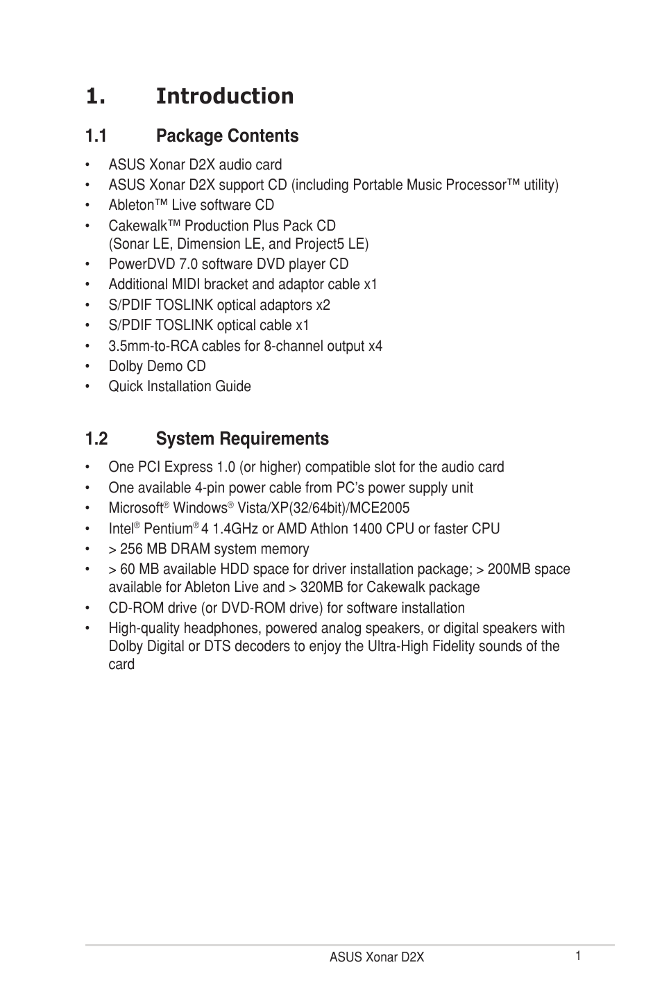 Introduction, 1 package contents, 2 system requirements | Asus D2X User Manual | Page 7 / 88