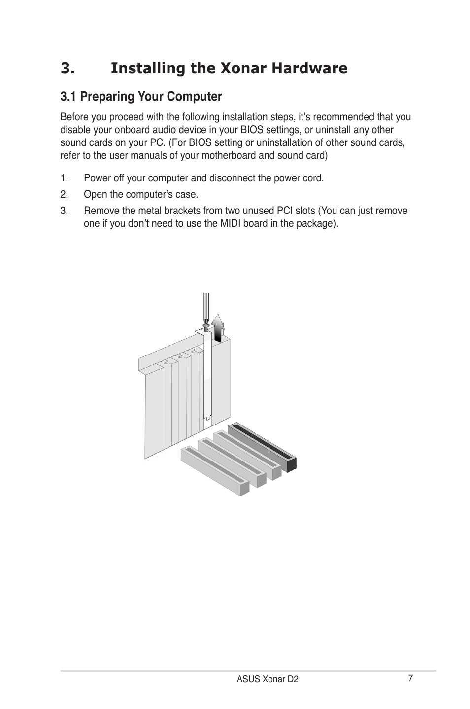 Installing the xonar hardware | Asus Audio Card Xonar D2 User Manual | Page 13 / 84