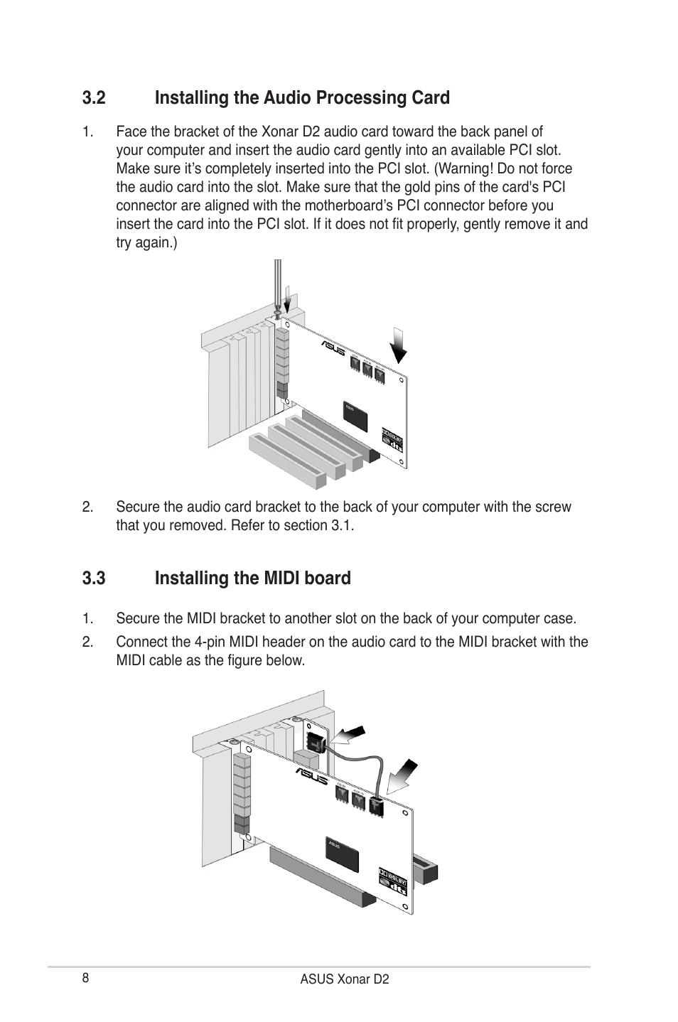 2 installing the audio processing card, 3 installing the midi board | Asus Audio Card Xonar D2 User Manual | Page 14 / 84