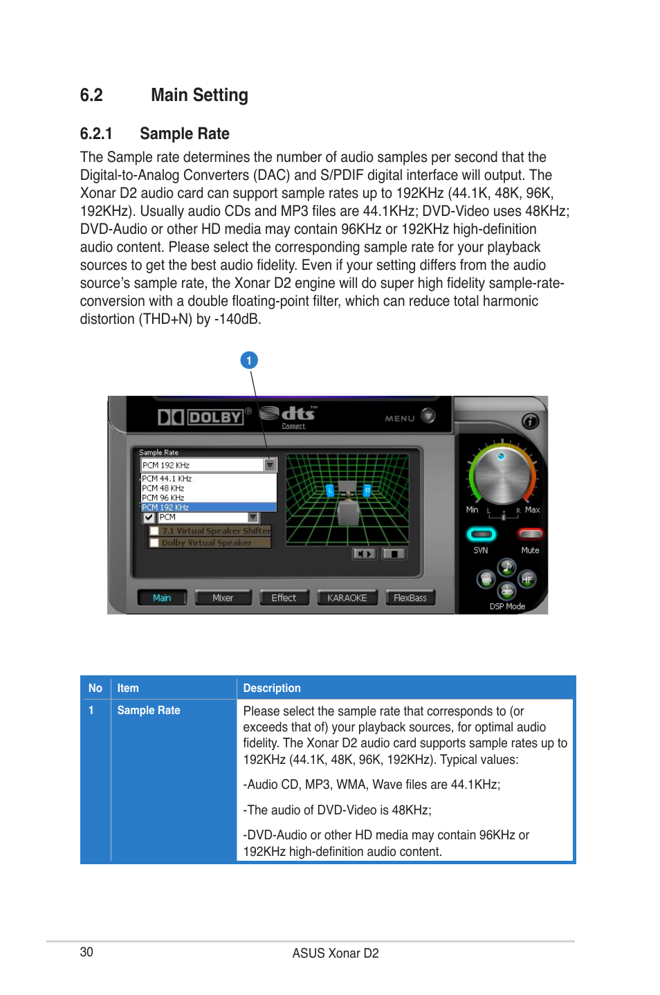 2 main setting, 1 sample rate | Asus Audio Card Xonar D2 User Manual | Page 36 / 84