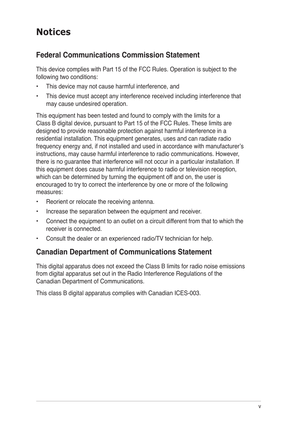 Notices, Federal communications commission statement, Canadian department of communications statement | Asus Audio Card Xonar D2 User Manual | Page 5 / 84