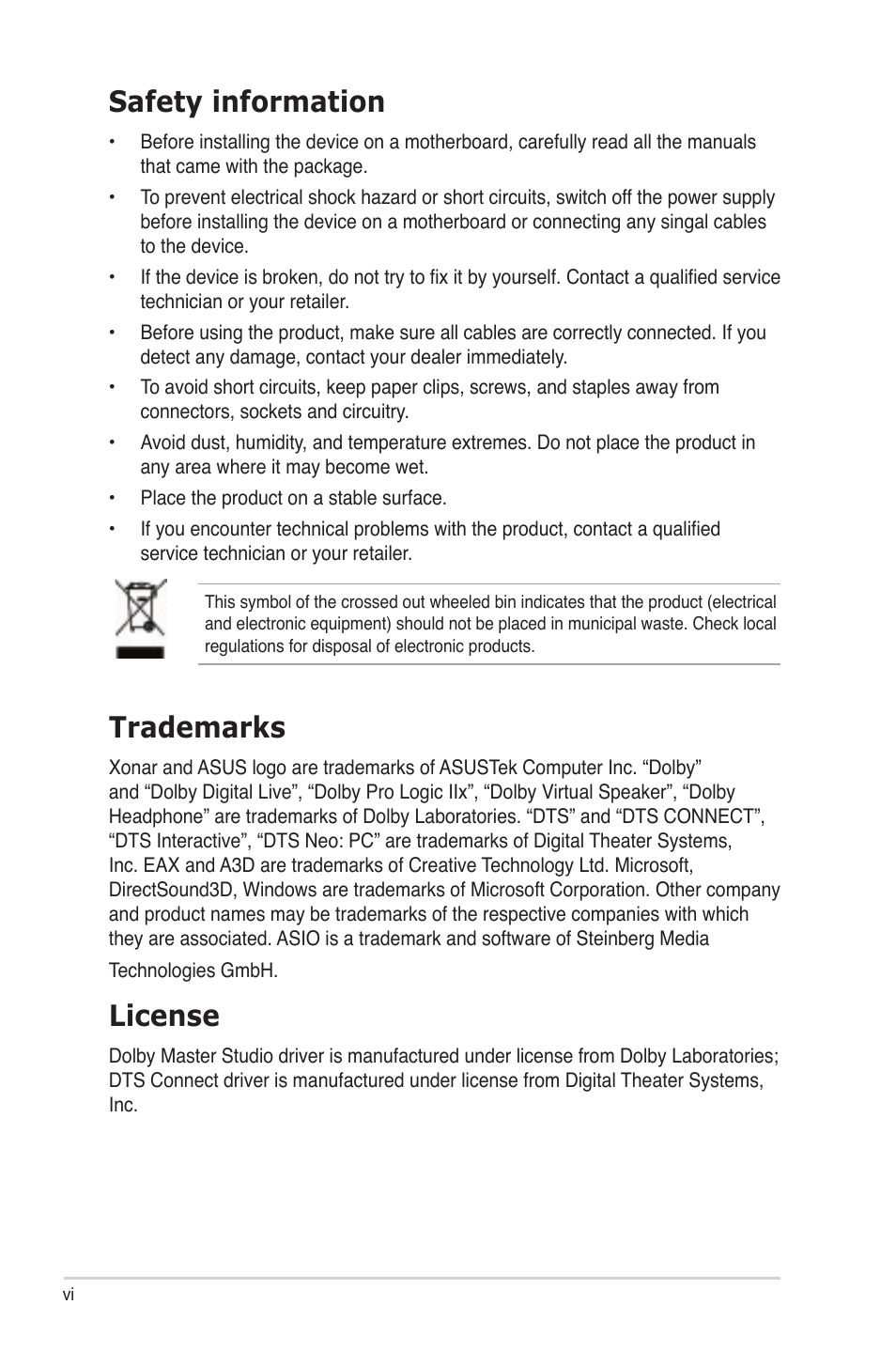 Safety information, Trademarks, License | Asus Audio Card Xonar D2 User Manual | Page 6 / 84